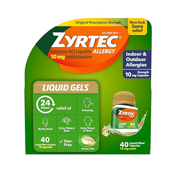 ZYRTEC 24 HOUR ALLERGY RELIEF LIQUID GELS, ANTIHISTAMINE CAPSULES WITH CETIRIZINE HCL ALLERGY MEDICINE FOR ALL-DAY RELIEF FROM RUNNY NOSE, SNEEZING, ITCHY EYES & MORE, 40 COUNT