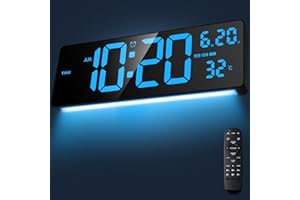 16.5" Digital Clock Large Display with Remote Control, 6-Color Night Light Digital Wall Clock with Dual Alarms, Temperature, 