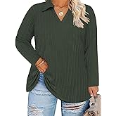 VISLILY Womens-Plus-Size-Tops-2025 Polo V Neck Shirts Lapel Collared Work Blouses Casual Long Sleeve Knit Tunics XL-5XL