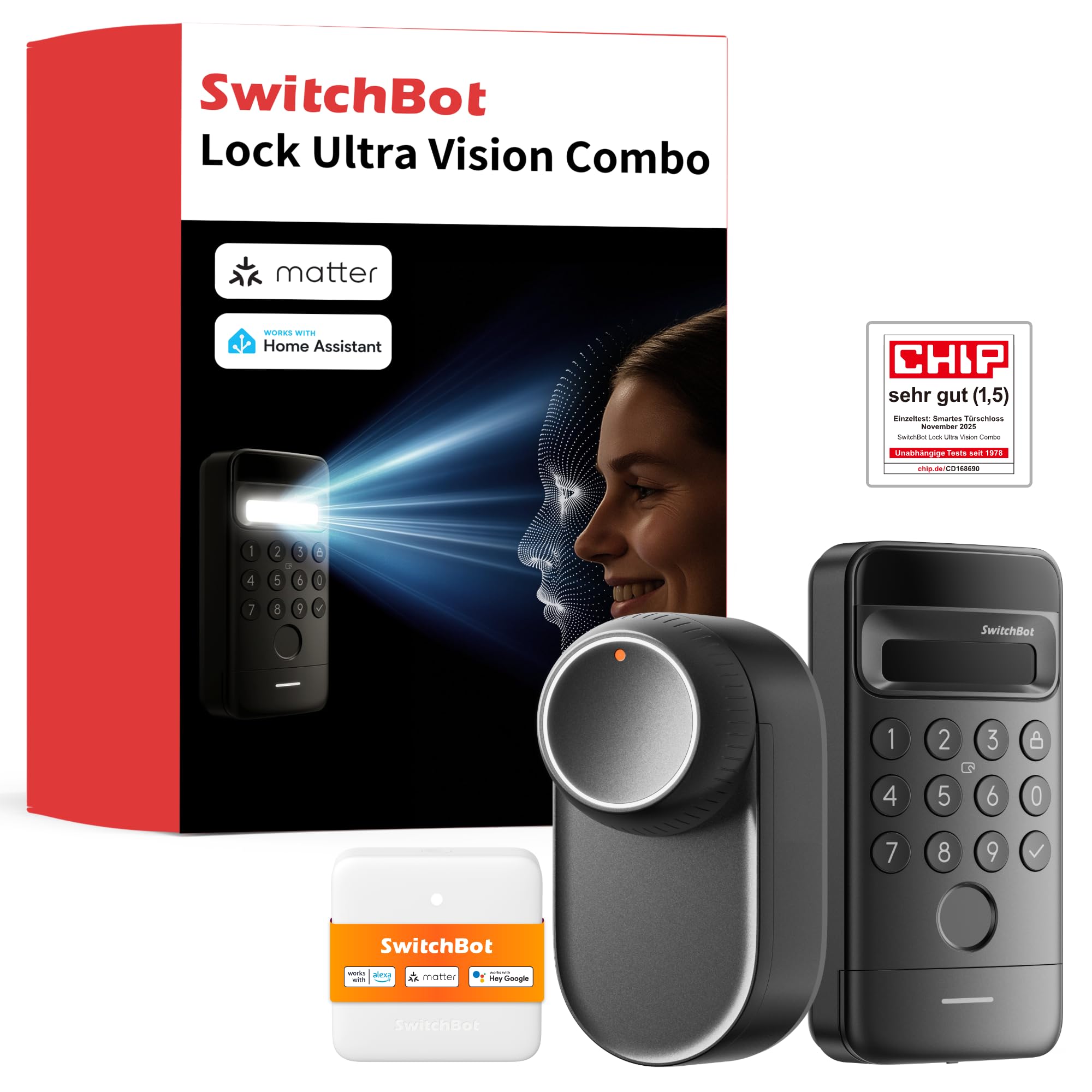 SwitchBot Smart Lock Ultra mit 3D-Gesichtserkennung&Fingerabdruck für Haustür – Elektronisches Türschloss zum Nachrüsten ohne Zylindertausch, Türöffner per Gesicht/Fingerprint/Code/Alexa WLAN/Matter