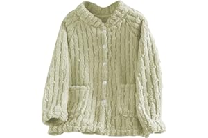Oplxuo Women Plush Pajama Tops Button Down Sleepwear Fuzzy Fleece Jacket Long Sleeve Soft Warm Winter Coat with Pockets