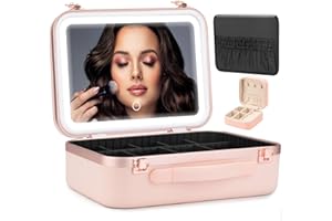 S&N Remille Travel Makeup Case with LED Light Mirror, Portable Waterproof Makeup Bag with 3 Adjustable Color Brightness Professional Cosmetic Train Case Organizer with Adjustable Dividers (Pink)