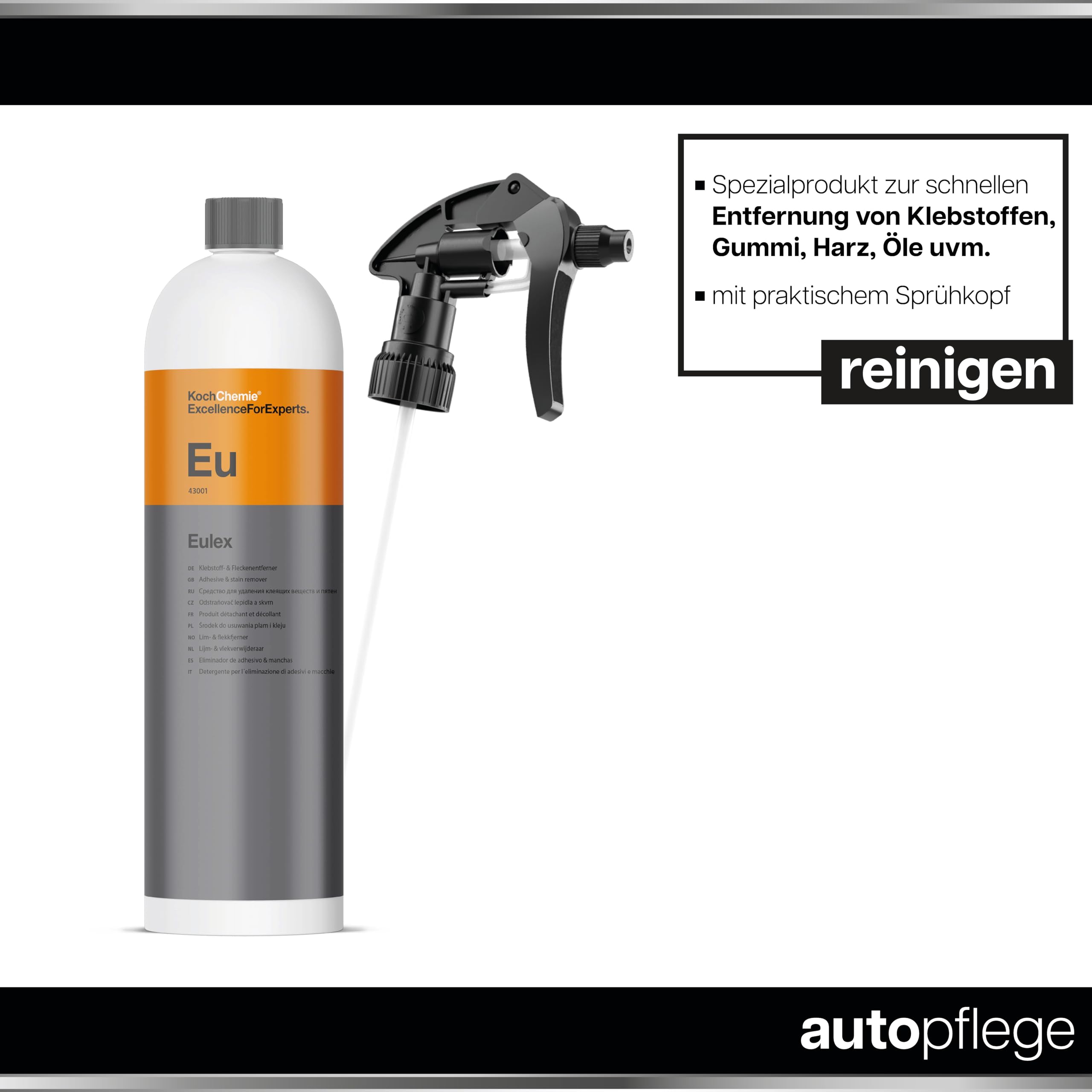 Klebstoffentferner Set | Koch Chemie Eulex 1l Klebereste Entferner + Sprühkopf + Mikrofasertuch+ Schaber | Entfernt Kleberückstände wie Aufkleber Etiketten von Glas Lack Metall | Etikettenlöser 3