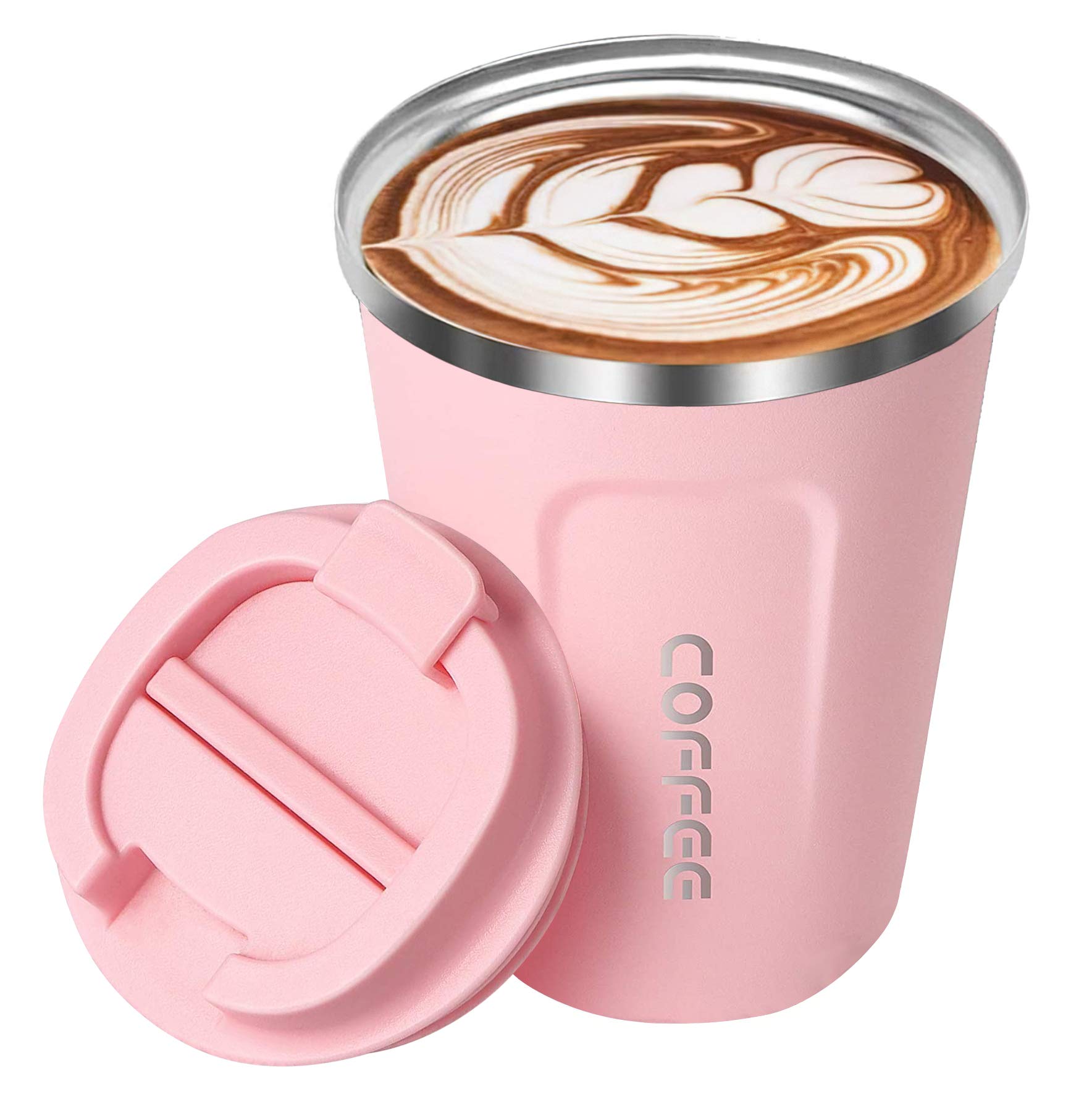 Insulated Coffee Cup, Senelux Double Walled Insulated Stainless Vacuum Coffee Travel Mug with Leakproof Flip Lid Keep Coffee Tea Hot and Soft Drink Cold 13oz 380ml Pink