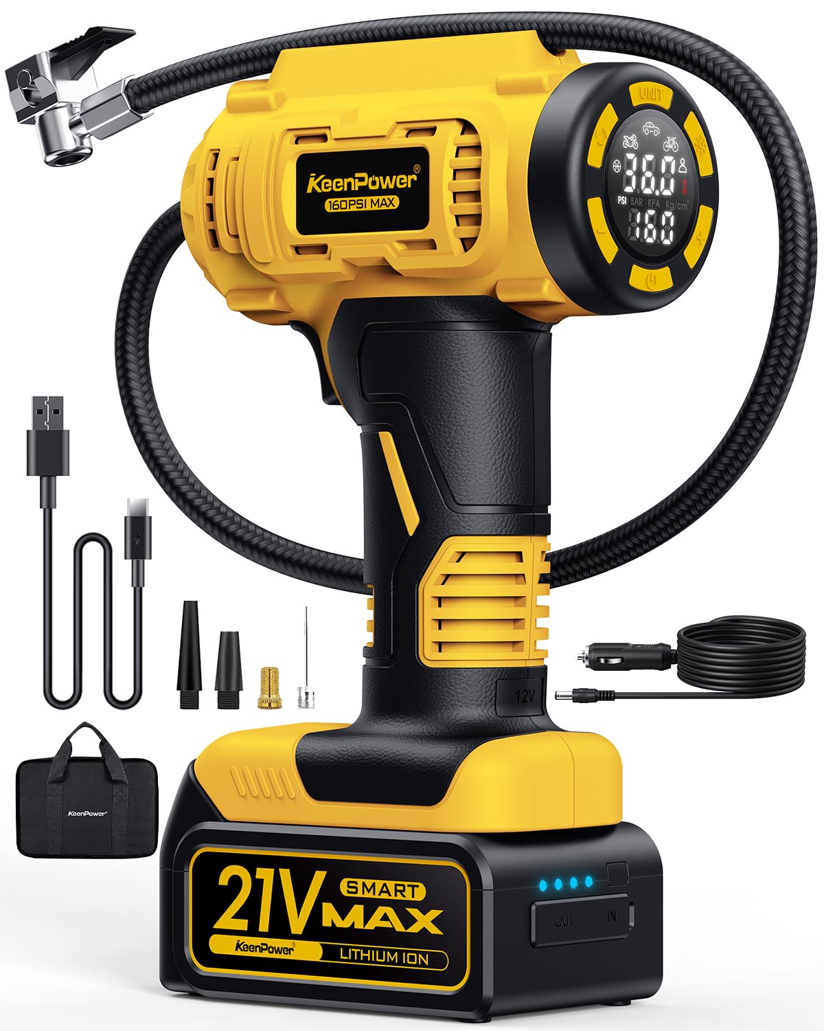 Photo 1 of KeenPower Cordless Tire Inflator Portable Air Compressor, 160PSI Car Tire Air Pump, 21V Rechargeable Battery Powered Air Compressor, Dual Power, Larger HD Digital Gauge w/4+N Smart Modes (Yellow)