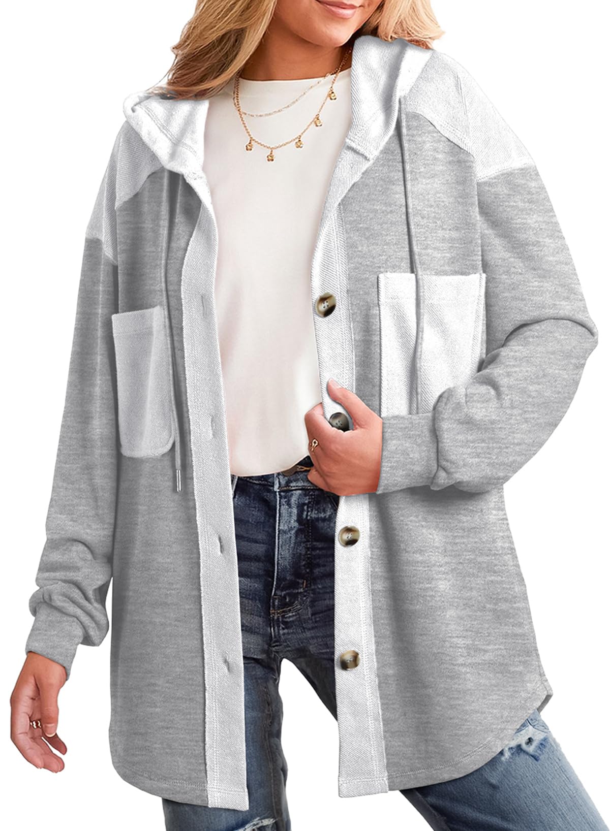 Photo 1 of SHEWIN Jackets for Women 2024 Trendy Jacket Hooded Womens Shacket Button-Down Women's Blouses Loose Long Sleeve Tops Fall Clothes with pocket Grey M