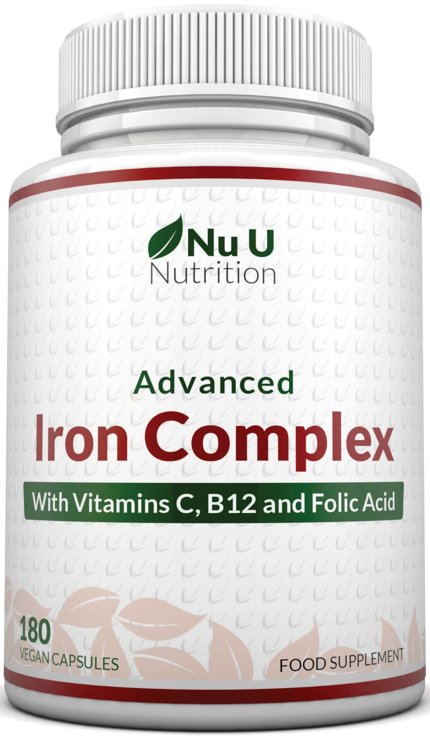 Gentle Iron Supplement for Women & Men - 180 High Strength Vegan Capsules - with Vitamin C, B12 & Folic Acid - 6 Month Supply - from Ferrous Fumarate - Made in the UK - Nu U Nutrition