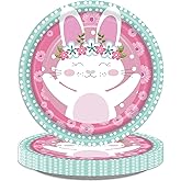 BASEMMAHER Happy Easter Paper Plates Round Bunny Flowers Dessert Disposable Plates 7" Colorful Rabbit Floral Decorative Tableware Dinner Dinnerware for Holiday Spring Birthday Party Supplies Serves 24