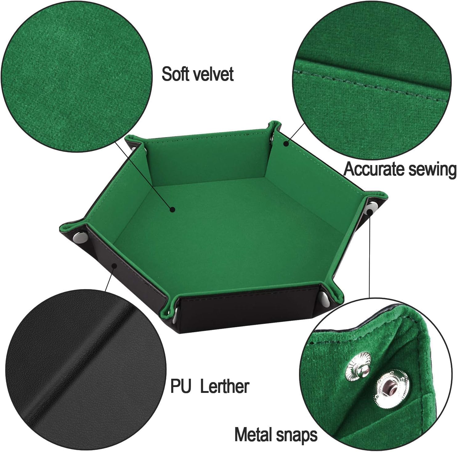 SIQUK Double Sided Dice Tray Folding Hexagonal PU Leather and Dark Green Velvet Dice Holder for Dungeons and Dragons RPG D&D Table Games - Image 3