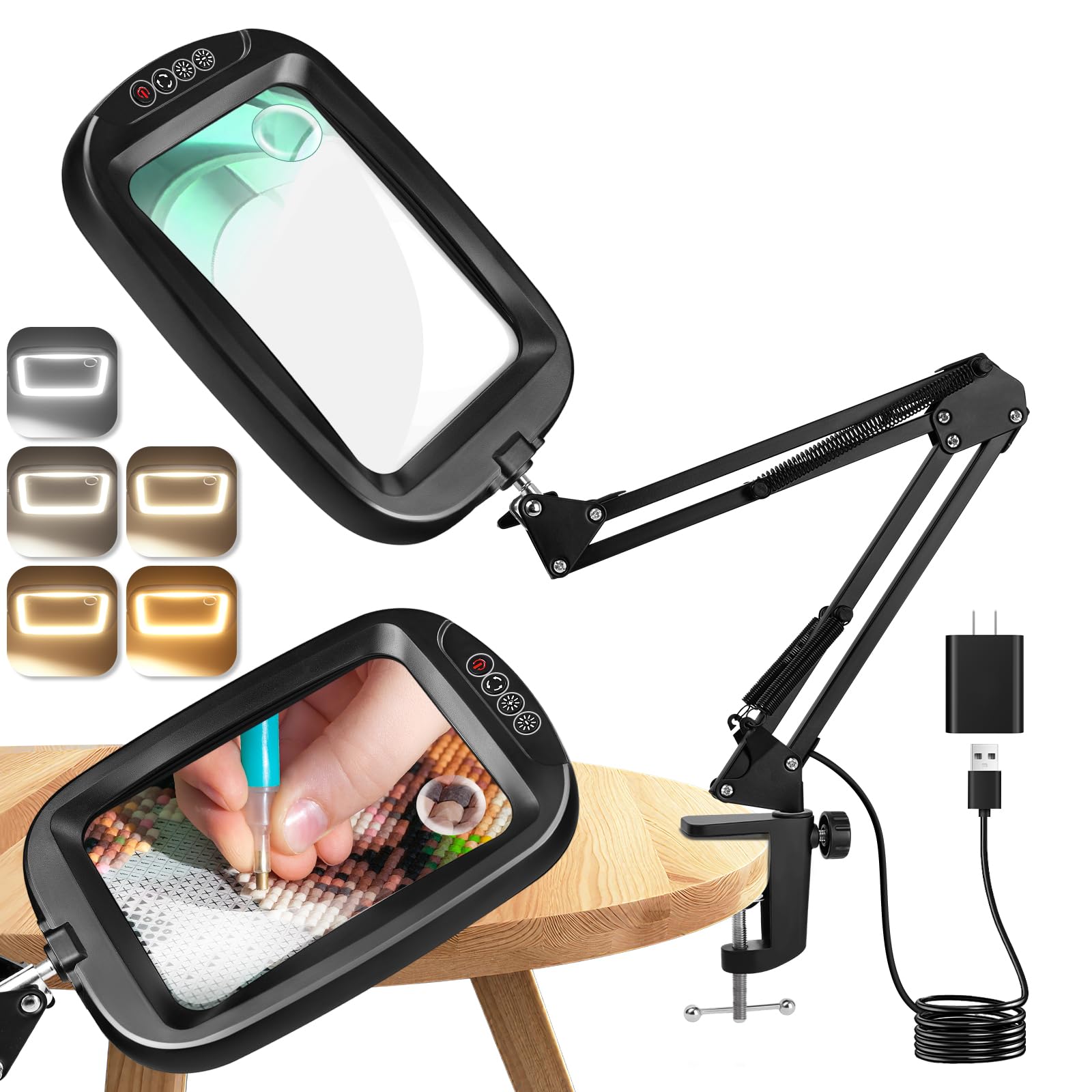 Photo 1 of 10X 30X Extra Large Magnifying Glass with Light and Clamp, Rectangle Hands Free Magnifier with 5 Color Modes, Adjustable LED Lighted Magnifying Desk Lamp for Reading Close Work Craft Painting (Black)