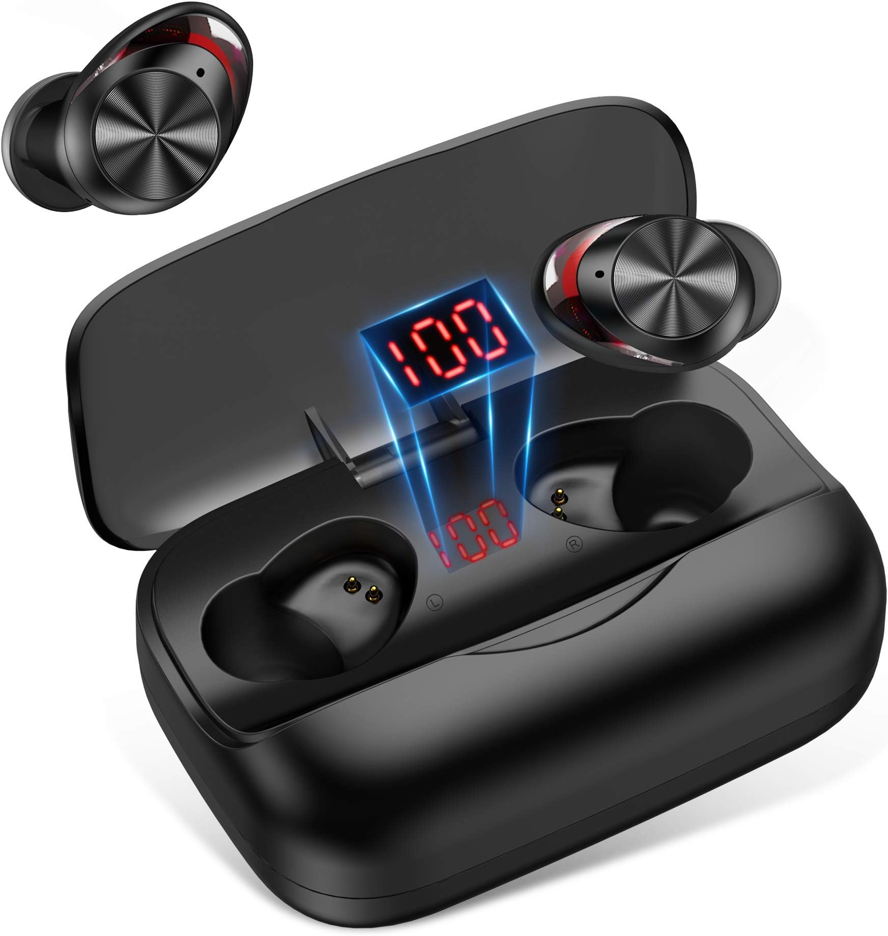 True Wireless Earbuds Bluetooth 5.0, in-Ear IPX5 Waterproof Bluetooth Headphones 126H Playtime with LED Display Charging Case Touch Control for Sports,Workout,Gym (019)
