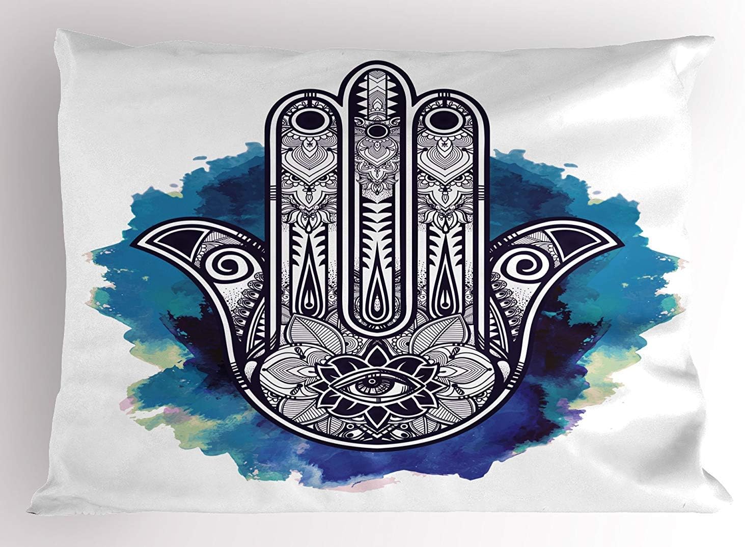 Evil Eye Pillow Sham, Hamsa on Watercolor Brushstrokes Backdrop Amulet Floral Elements, Decorative Standard Queen Size Printed Pillowcase, 30 X 20 inches, Dark Blue Pale Blue White