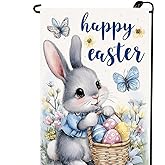 Happy Easter Garden Flags 12x18 Double Sided, Small Burlap Floral Butterfly Eggs Bunny Garden Flag Easter Holiday Outdoor Yard Decorations