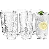 MIYOPESI 20oz Clear Acrylic Glasses Drinkware (Set of 6), Hammered Design Shatter-Proof Plastic Cups, Reusable Plastic Large Drinking Tumblers, Stackable, BPA-Free, Dishwasher-Safe
