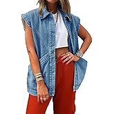 PLNOTME Womens Oversized Sleeveless Denim Vest Classic Button Down Jean Vest Casual Utility Lapel Jean Jacket