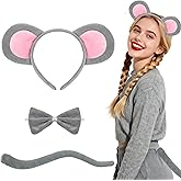 H-Style Mouse Ears Headband, Rat Ears Costume Accessories Women Adult- Rat Ears Headband, Gray Ear with Tail & Bow Tie, Halloween Cosplay Party Dress Up