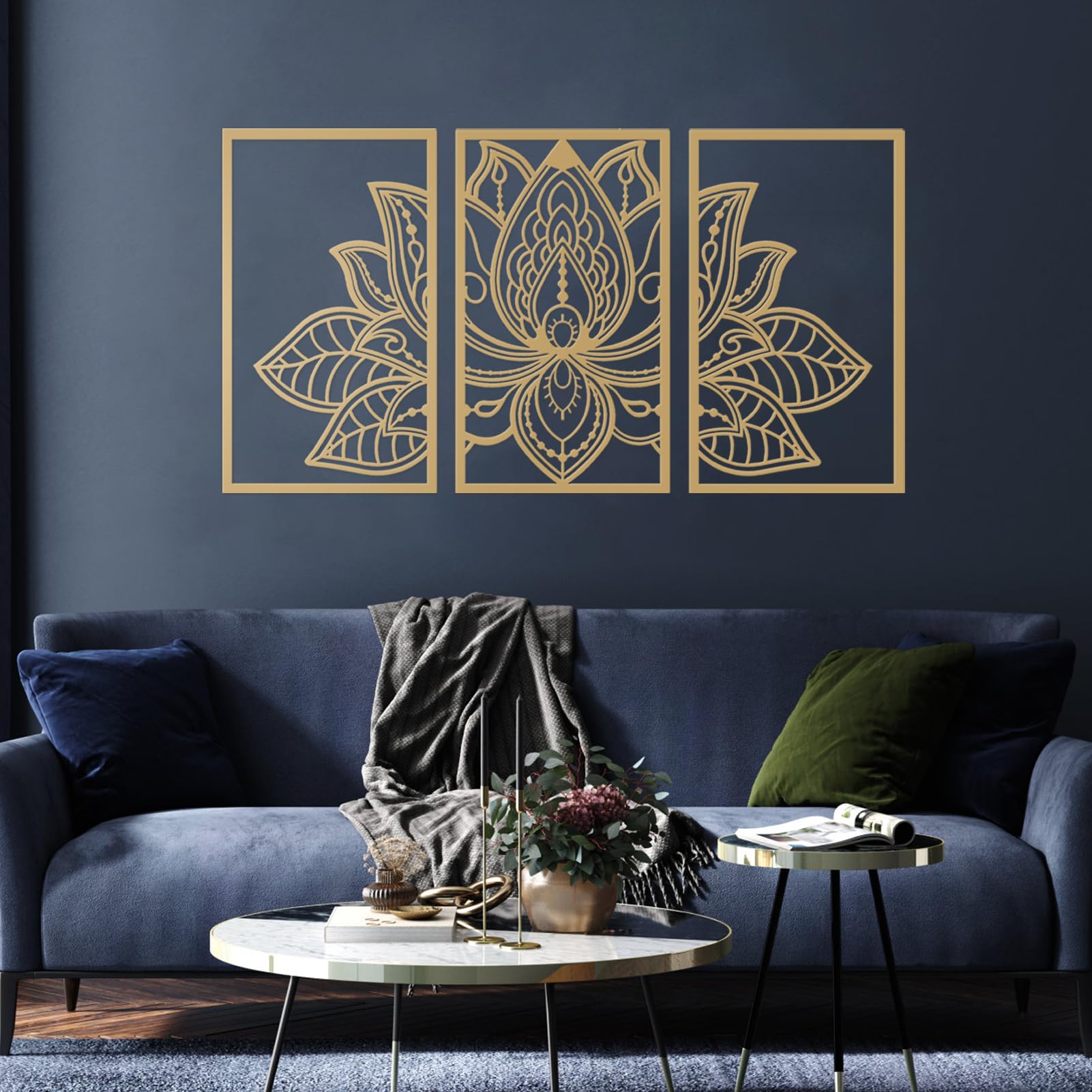 ESTART Large Lotus Flower Metal Wall Art 3-piece Set, Religion Faith Mandala Home Wall Decoration for Living Room, Bedroom, Office and Yoga Room (Gold, Large)