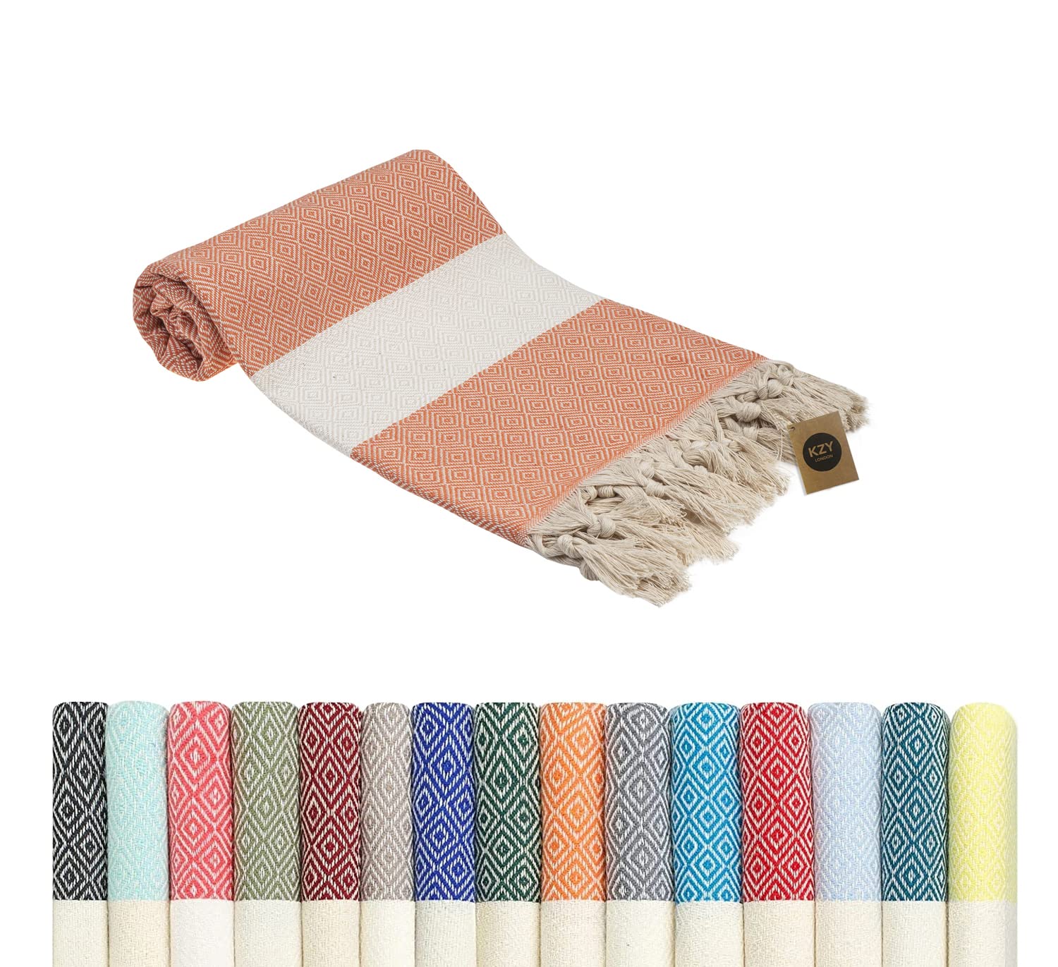 KZY LONDON Beach Towel - Large Turkish Beach Towels for Camping, Swimming, Bath, Gym, Picnic - Quick Dry, Super Absorbent, Lightweight, Cotton Hammam Towels for Adults (1, Orange)