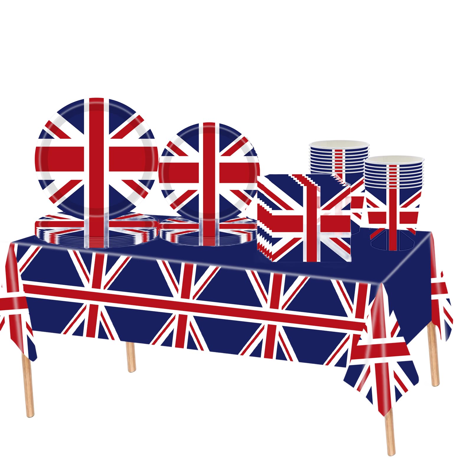69Pcs Union Jack Party Tableware Set,VJ Day 80th Anniversary Decorations UK Plastic Table Cloth,Paper Plates,Napkins and Cups,British Decorations Great Britain Dinnerware for Union Jack Royal Party