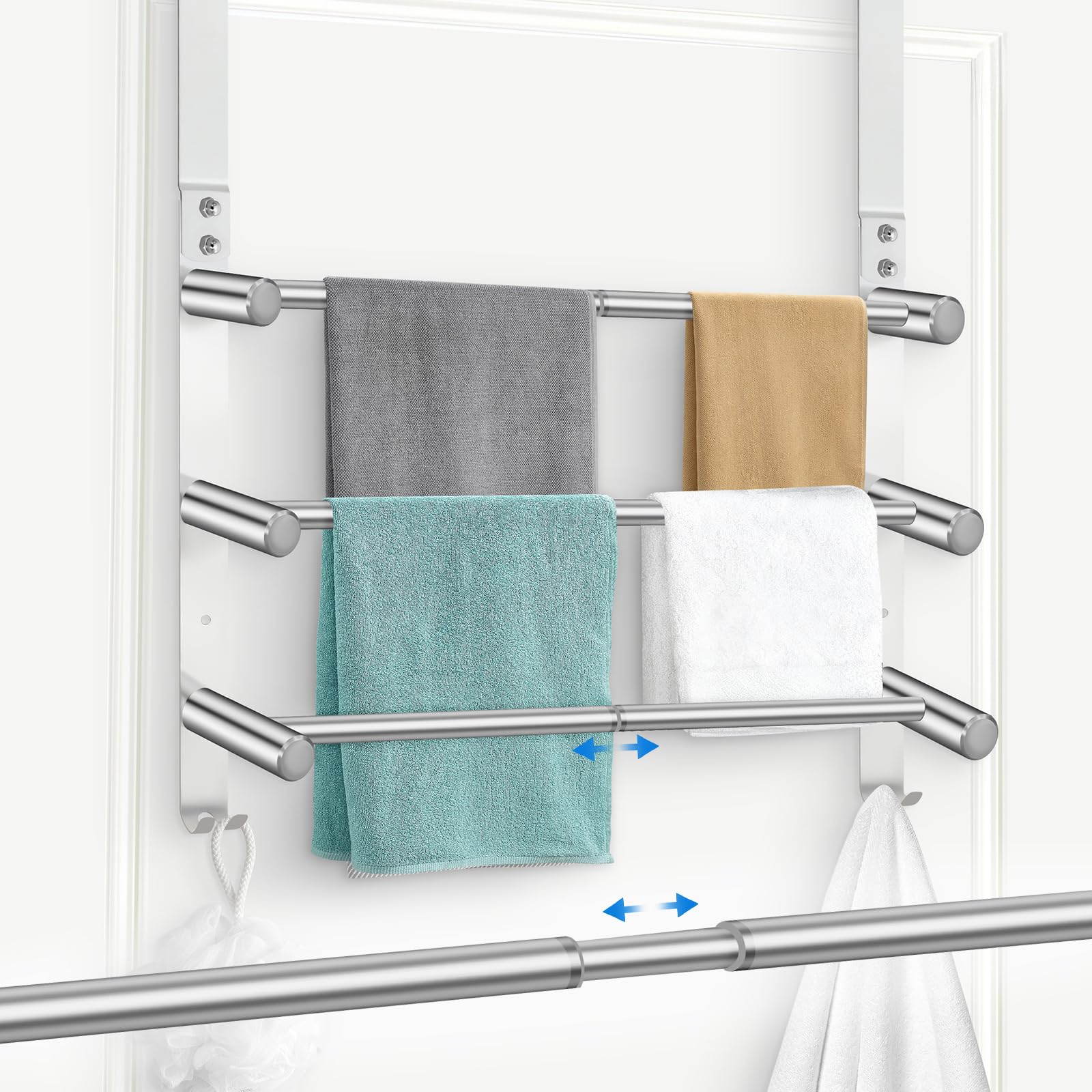 Photo 1 of 17-29inches Retractable Length Over The Door Towel Rack, 304 Stainless Steel Over The Door Towel Rack, Over Door Towel Holder with 3 Tier Towel Bars, Over Door Towel Storage for Bathroom