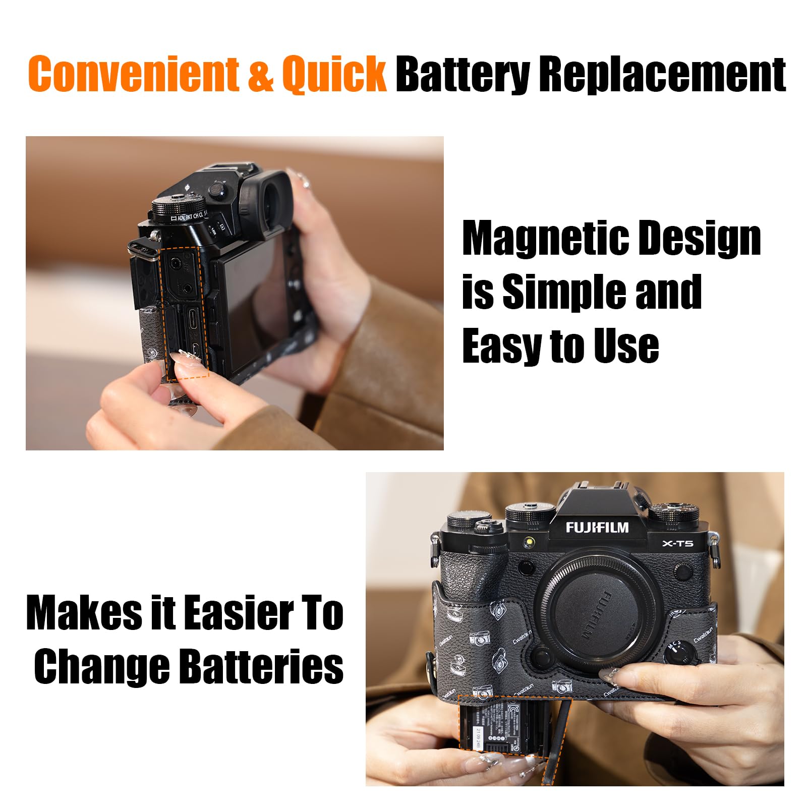 Cwatcun Leather Camera Half Case Compatible with Fujifilm X-T30 II, Vintage Pattern Style Leather Half Case with Magnetic Battery Access, Black