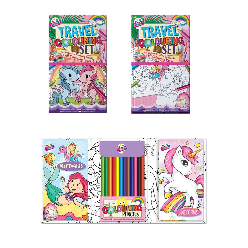 Sixstore Relaxing Antistress, Set of 2 Colouring Books, Kids Girls Colour Therapy Assorted Design Travel Size 18 x 11cm, Pocket Colouring Set, 60 Relaxing Designs per Set with 12 Pencils