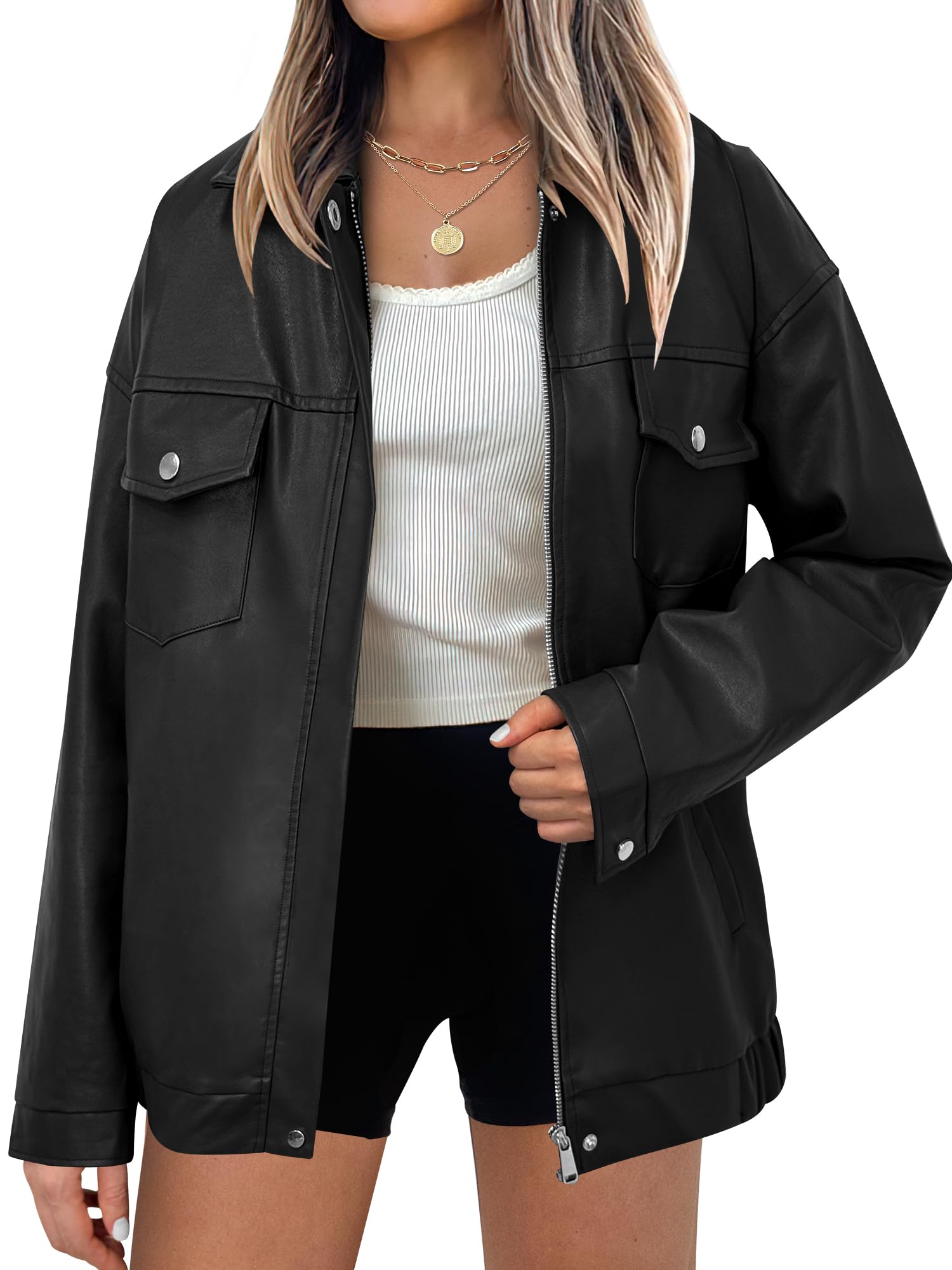 ANRABESS Women Oversized Faux Leather Jackets Fall