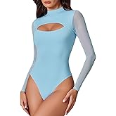 Avidlove Women Long Sleeve Thong Bodysuit Turtle Neck Shapewear Sexy Mesh Top Double Lined Cutout Shirt XS-2XL