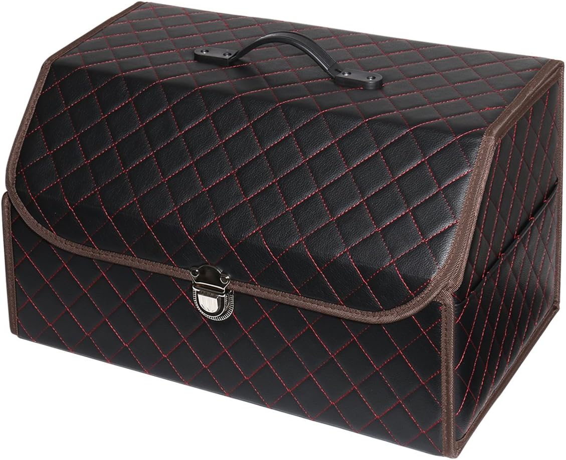 Car Trunk Organizer with Cover, Pococina Auto Interior Storage Cargo Container for Suv Truck Van Collapsible Box for Tools Groceries Accessories