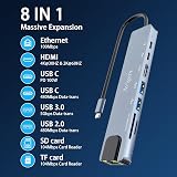 Avigers USB C Hub Ethernet Adapter 8 in 1 100W PD 4K SD/TF USB-C port view 2