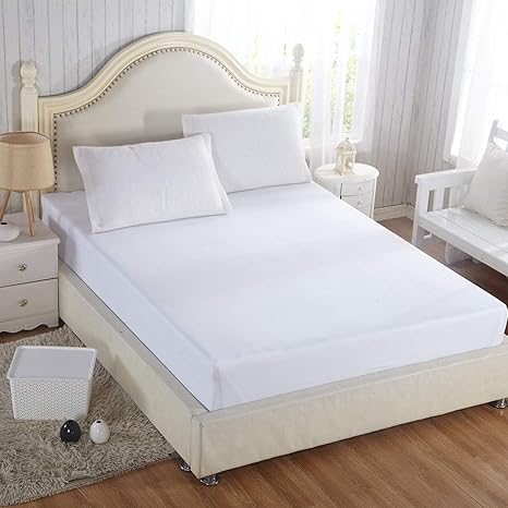 Kurtzy Washable Cotton and Polyester Queen Size Bed Mattress Protector Cover (White 1.5 x 2 m)