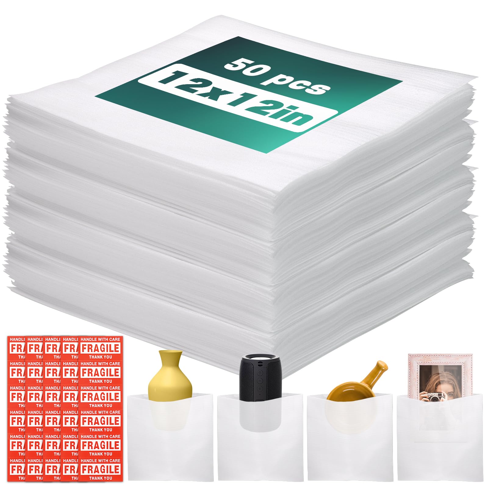 Photo 1 of 12'' x 12'' Packing Foam Pouches, 50 Pcs Packing Supplies Cushion Foam Pouches & 30 Pcs Fragile Stickers for Wrapping, Protecting Cup China Glasses Dishes, Moving Storage Packaging Supplies