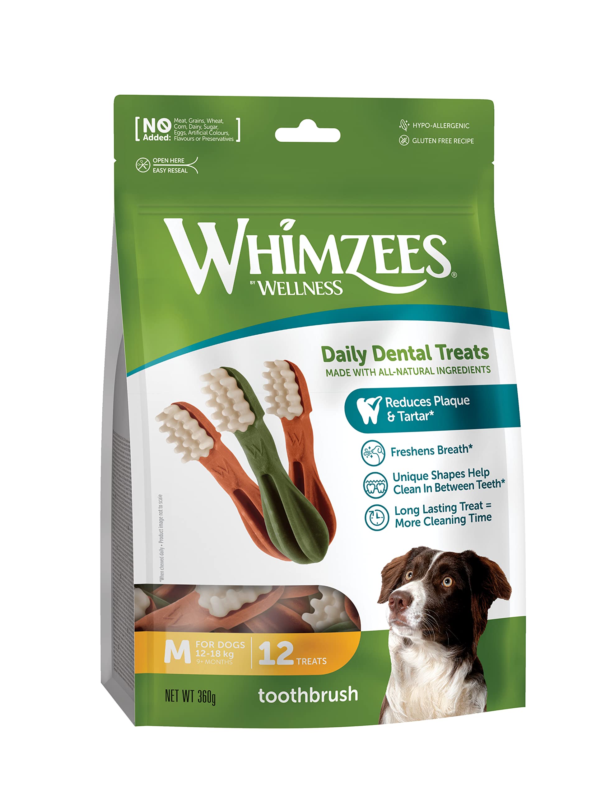 WHIMZEES Toothbrush M, 12 Pieces – Dog Dental Stix, Size M, Dog Dental Sticks for Medium Breeds, Natural and Grain Free, Rawhide-Free, Vegetarian, No Added Sugar