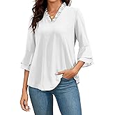Famulily Womens Tops Casual 3/4 Bell Sleeve Blouses Ruffled V Neck Chiffon Double Layered Work Tunic Shirts