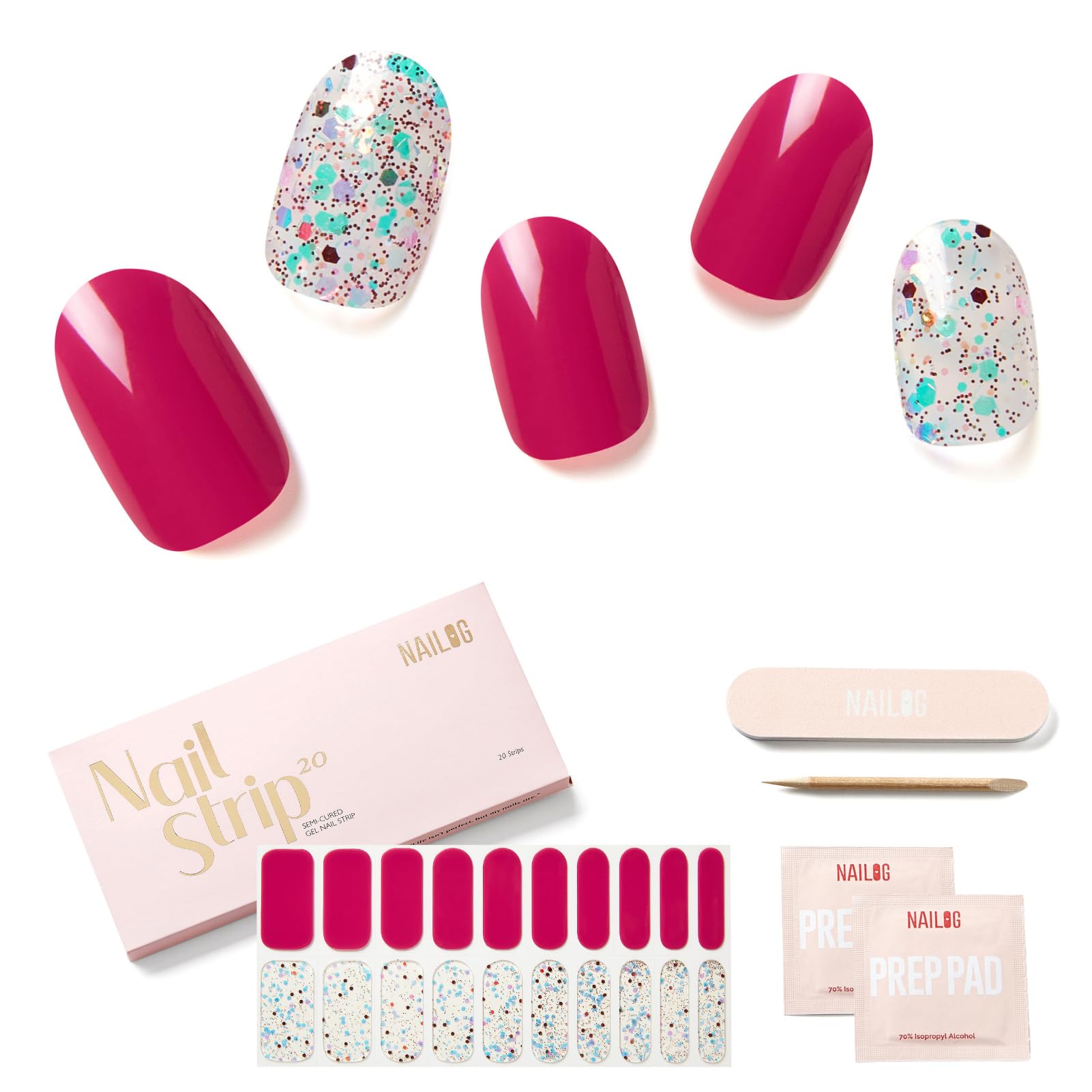 NAILOG Semi Cured Gel Strips (20 Extra Long Stickers) | Glossy & Long Lasting Soft Gel Finish Wrap | Ruby Nebula — image 1