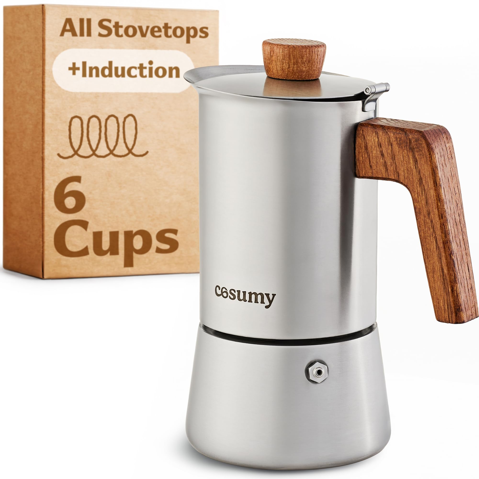 Cosumy Espresso Maker Induction - Stainless Steel Moka Pot 6 Cups - Coffee Maker Suitable for All Hobs - FSC® Oak Wood