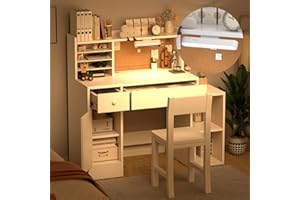 RUPOLX Wooden Lvory White Kids Study Desk and Chair Set with Light, 2 Drawers and 4 Storage Cabinets, Children Desk with Hutch and Shelves, Girls Study Desks for Kids Bedroom