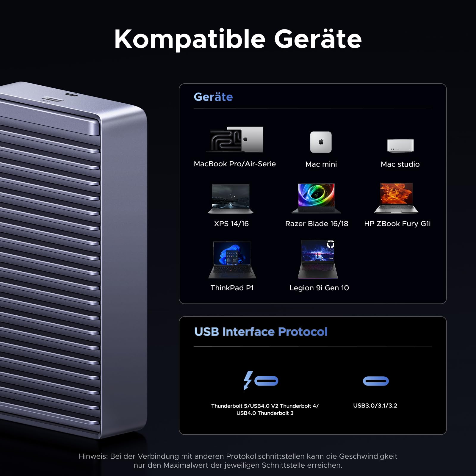 UGREEN 80Gbps M.2 NVMe SSD Gehäuse, NVMe Gehäuse kompatibel mit Thunderbolt 5/4/USB4 bis zu 7000MB/s, M2 SSD Gehäuse kompatibel mit MacBook, Mac mini, Mac Studio 50cm Kabel(SSD Nicht enthalten) 9