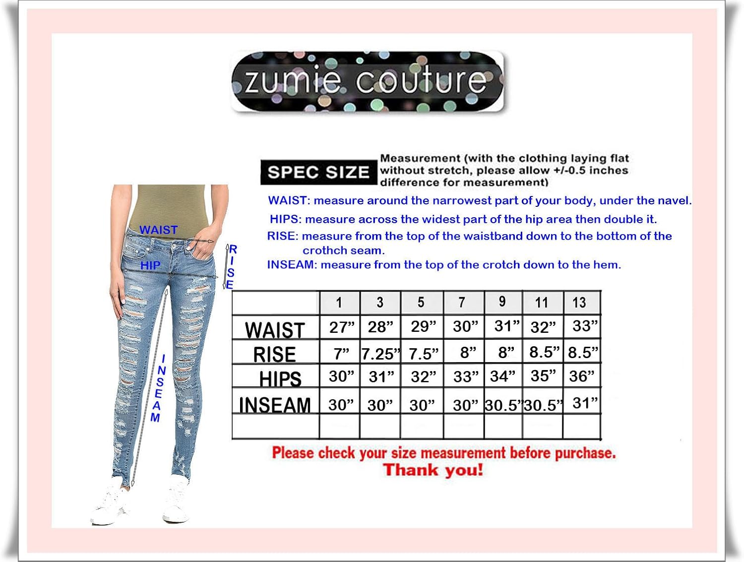 size 5 in inches jeans