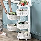 Rotating Storage Rack for Kitchen, 5-Tier Round Rotating Basket Shelf Organizer with Wheels and Removal Drawers, for Fruit Vegetable, Multifunctional Utility Cart for Bathroom Living Room Kitchen