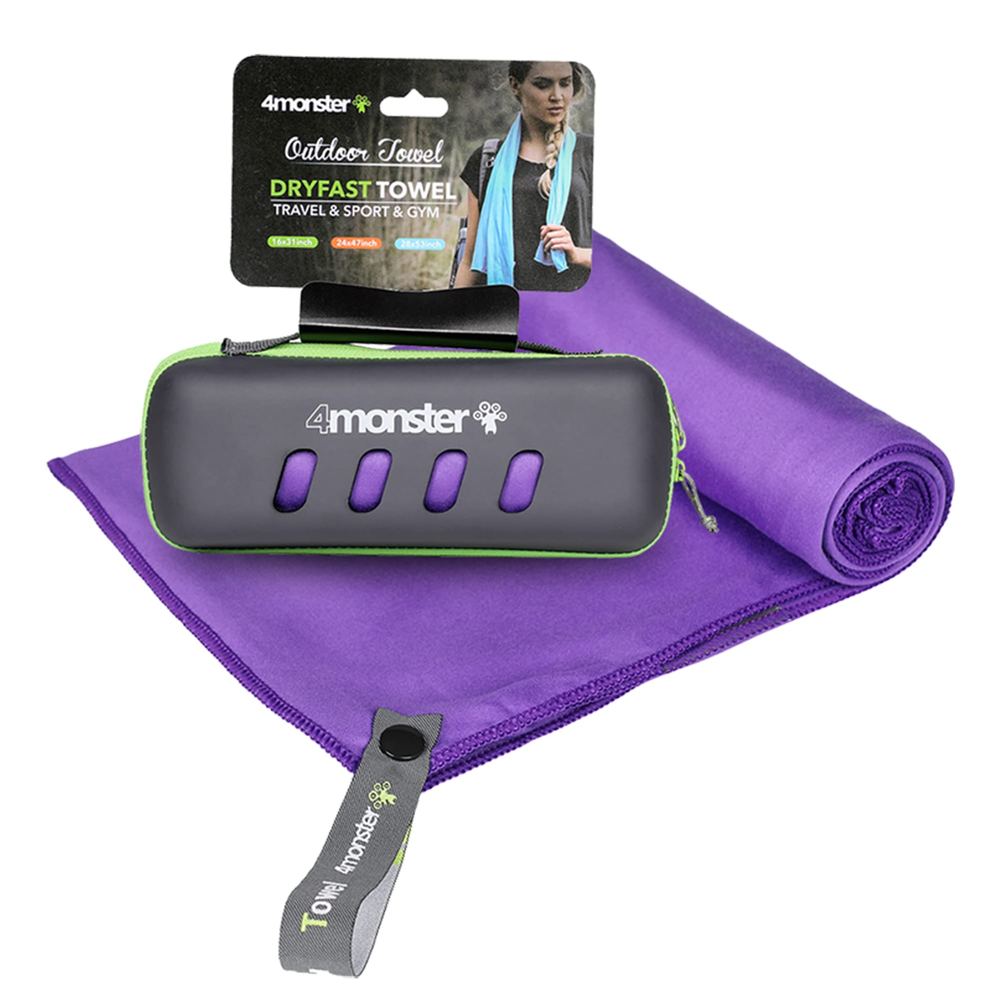 4Monster Microfiber Towel with Carry Case, Super Absorbent Travel Towel, Quick Dry, Great for Gym, Beach, Swimming, Backpacking