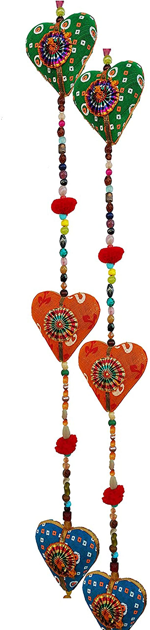 FIKIMOS Door Hanging Decorative Cotton heart in Vibrant Color Stringed with Beads and Bell Traditional Hanging Indian Decoration 2 layer