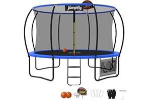 Jumpfly Tranpoline Outdoor Tranpoline for Kid with Basketball Hoop 8/10/12/14FT Recreational Tranpoline with Enclosure Net Dual-color Pad Quick Easy Assembly ASTM Certified Big Tranpoline for Backyard