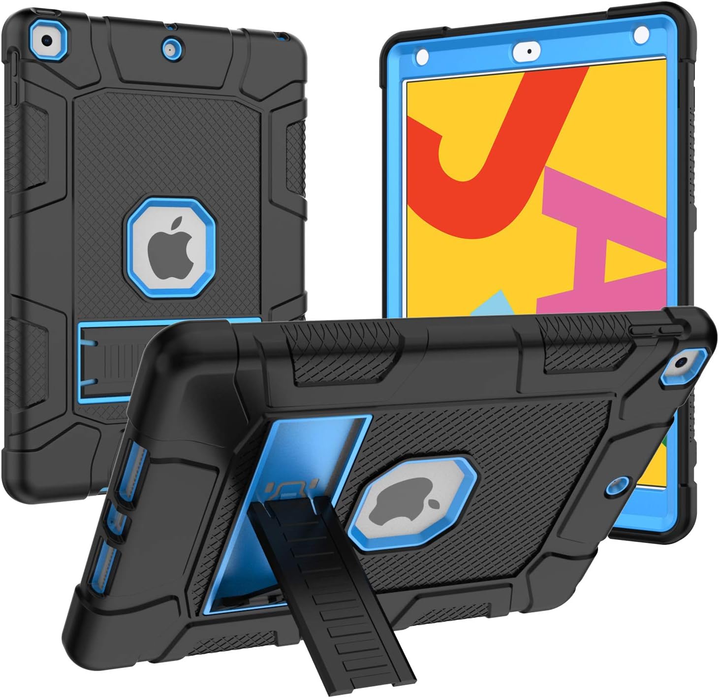 iPad 7th/8th Generation Case, iPad 10.2 Case, Hybrid Shockproof Rugged Drop Protection Cover Built with Kickstand for iPad 10.2 Inch 7th/8th Generation 2019/ 2020 Release (Black+Blue)