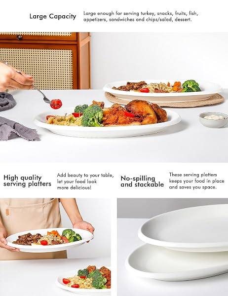 AISBUGUR 16″ LARGE SERVING PLATTERS, WHITE OVAL TURKEY PLATTERS FOR PARTY, WEDDING, ENTERTAINING, CERAMIC SERVING TRAYS AND PLATTERS FOR SERVING FOOD APPETIZERS MEAT, SET OF 2