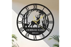 Personalized Deer Forest Wall Clock, Custom Name Battery Operated Clock, Indoor Outdoor Decorative Metal Wall Art for Livingr