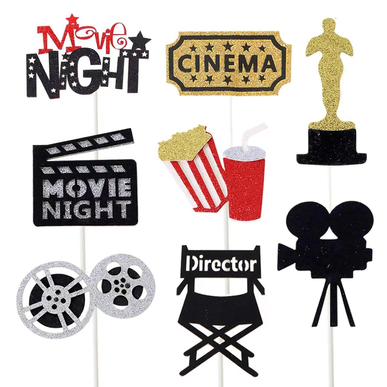 Movie Night Cupcake Toppers Decoration Pack of 24 Glitter Cake Toppers for Movie Theme Birthday Party Baby Shower Supplies