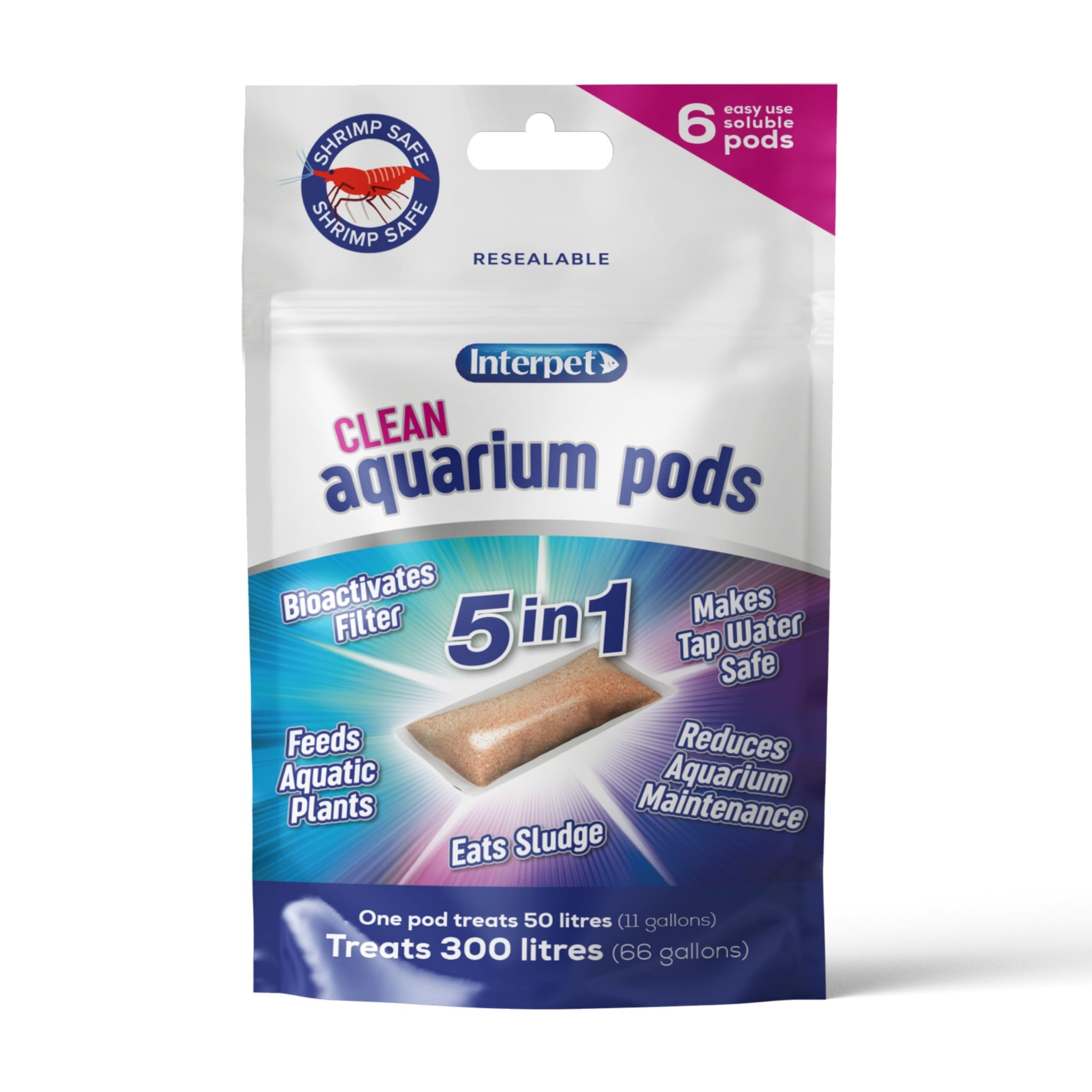 Interpet Clean Aquarium Pods, Makes Tapwater Safe for Fresh Water Fish Tanks, Bioactivates Filters, Eats Sludge, Feeds Plants, Reduces Aquarium Maintenance, 6 Pack