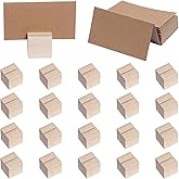 mifengda 20 Pieces Wood Place Card Holders Table Number Stands Small Sign Display Rustic Wooden Card Holder with Brown Paper Cards for Wedding Reception Table Party Decoration
