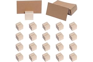 mifengda 20 Pieces Wood Place Card Holders Table Number Stands Small Sign Display Rustic Wooden Card Holder with Brown Paper Cards for Wedding Reception Table Party Decoration